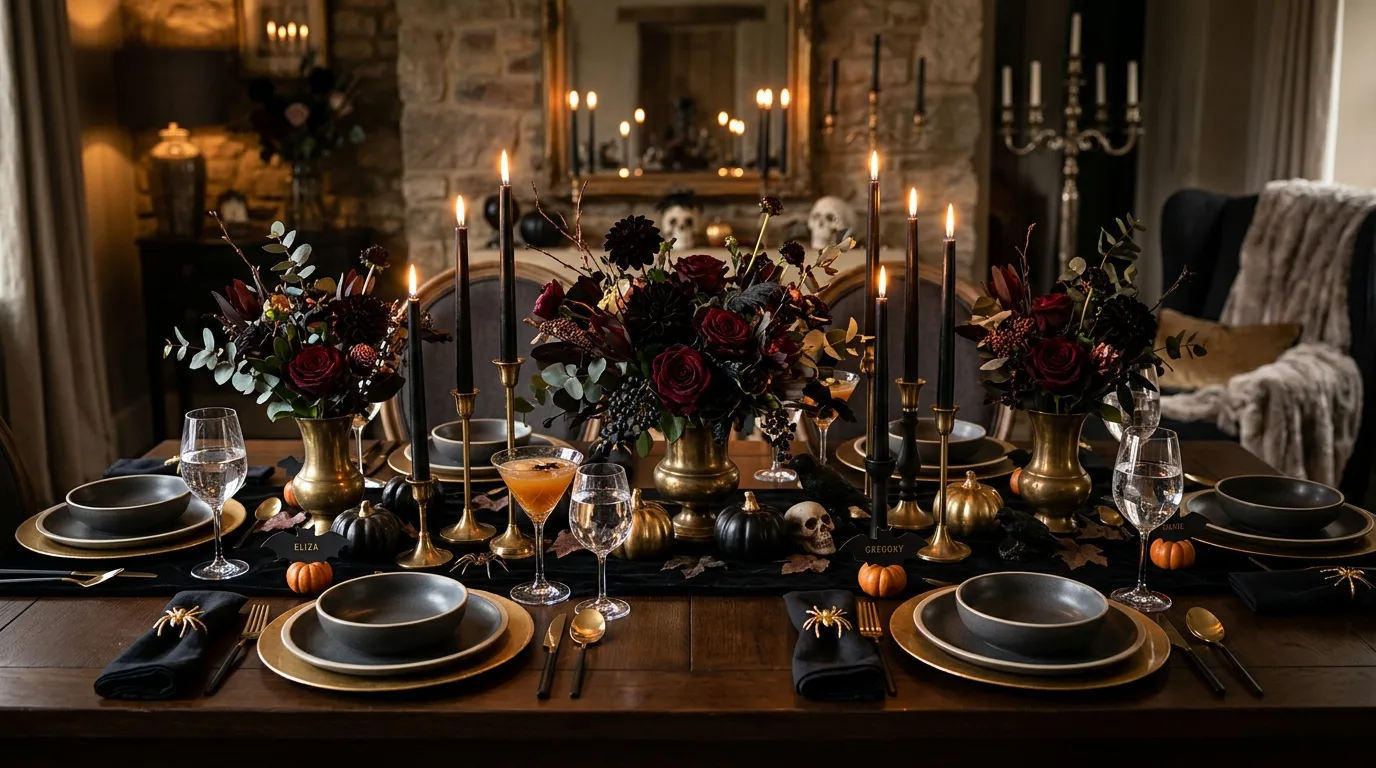 Finish with a table that feels celebratory and immersive inspiration for a Halloween dining table.